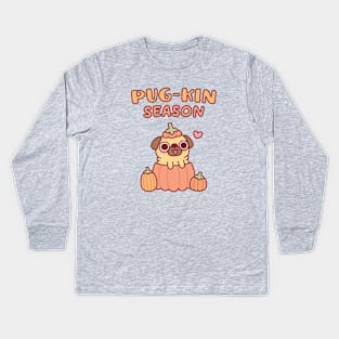 Cute Pug In Pumpkin Pugkin Season Funny Kids Long Sleeve T-Shirt